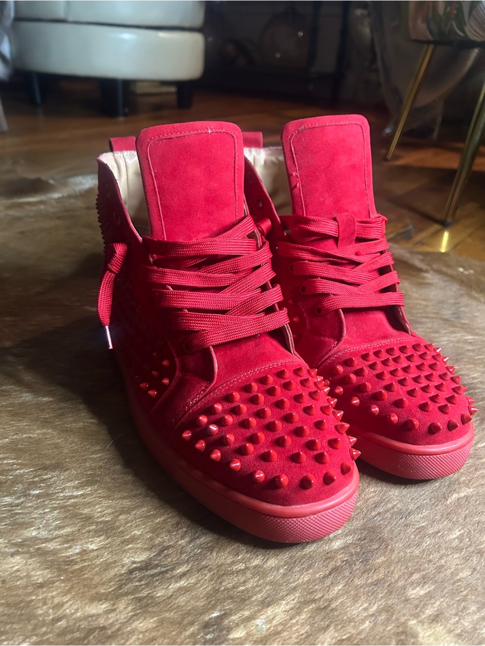Red Studded Suede High-Top Sneakers - mens 47